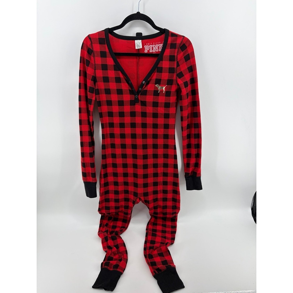 Victoria Secret PINK Red Buffalo Plaid Soft Pajama One Pc Jumpsuit, Small, 1165